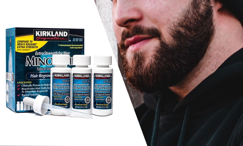 Мужчина с отросшей бородой рядом с комплектом Minoxidil Kirkland