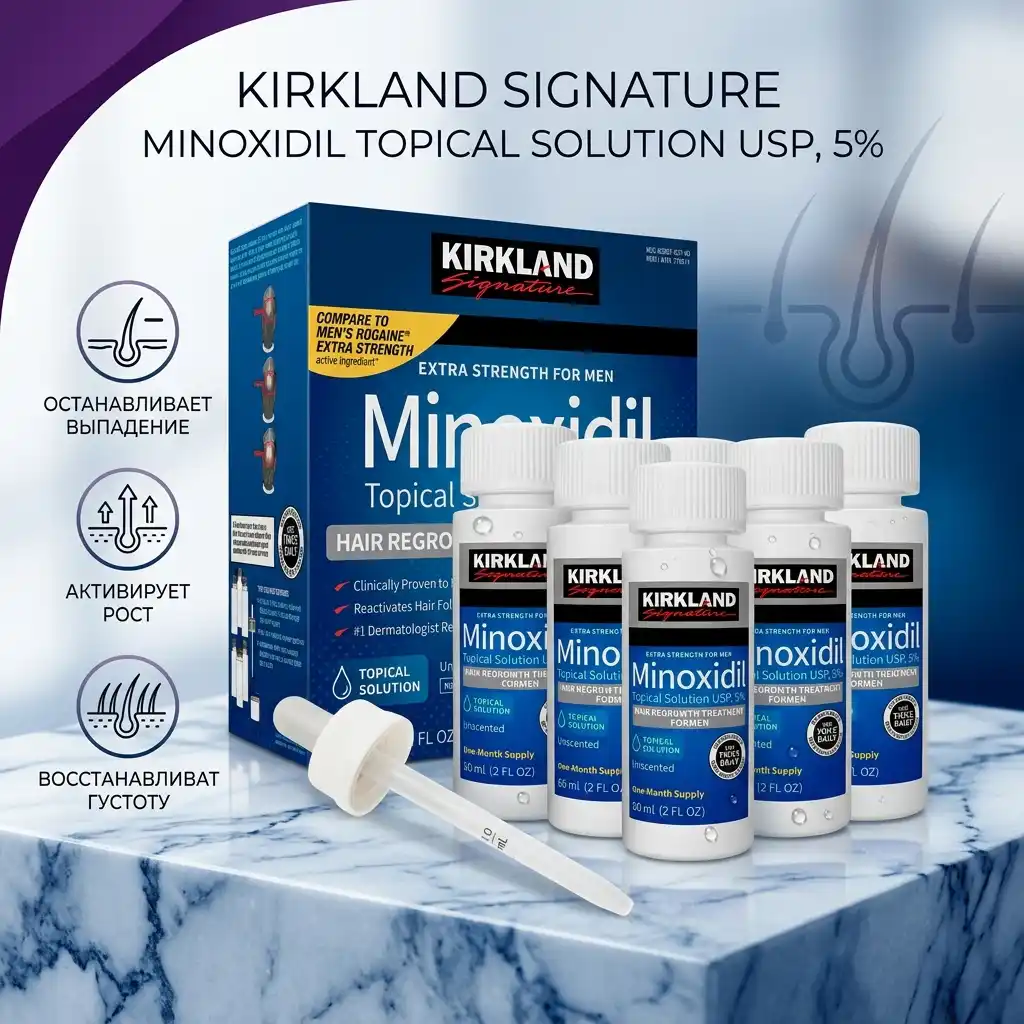 Комплект Minoxidil Kirkland 5%: упаковка, шесть флаконов по 60 мл и пипетка-аппликатор